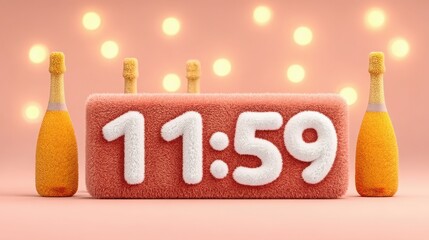 Festive New Year's Eve Cake With Sparkling Champagne Bottles And Soft Bokeh Lights In Pink