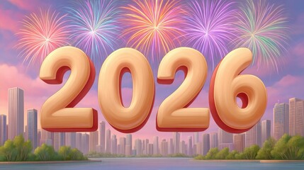Golden 2026 Text With Colorful Fireworks Display Over City Skyline At Sunset With Pink Clouds