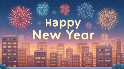 Happy New Year Festive Fireworks Display Over a City Skyline at Dusk