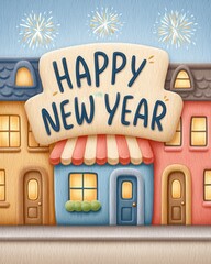 Happy New Year Text On Buildings With Fireworks In The Sky