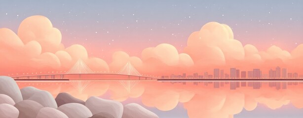 Pixel Art Cityscape With Bridge Reflection At Sunset Over Calm Water With Pink Clouds And Stars