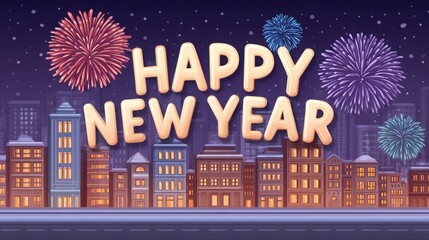 Pixel Art Cityscape with Fireworks and Happy New Year Text