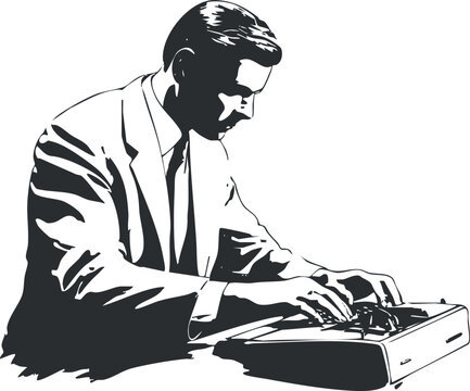 Stylized black and white vector illustration of a man using a typewriter, ideal for vintage-themed design projects.