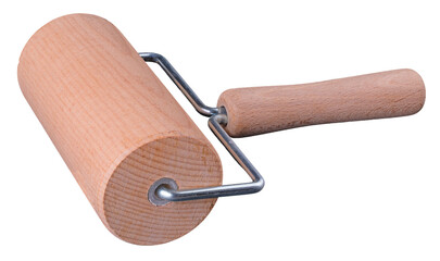 Wooden rolling pin with metal handle for rolling dough in the kitchen. Isolated background.
