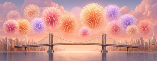 Vibrant Fireworks Display Over City Skyline and Bridge at Dusk Over Calm Water