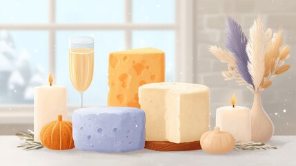 Winter Celebration Still Life with Cheese Candles and Champagne Flute in Soft Light