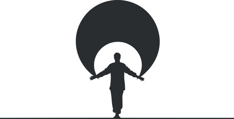 Abstract silhouette vector illustration of a man with outstretched arms and a large circle, symbolizing freedom and inspiration