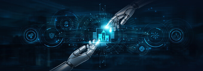 Hold on, robot hands power Smart City and futuristic interface, integrating urban systems....