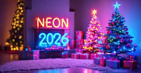 Festive interior scene. Bright neon sign displays 2026. Christmas tree, gifts create warm holiday atmosphere. Vibrant colors dominate composition.