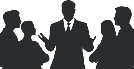 Silhouette vector illustration of business professionals engaged in a discussion, ideal for corporate branding and team collaboration projects