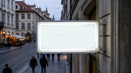 Blank Illuminated Signboard on Old European Street at Dusk.