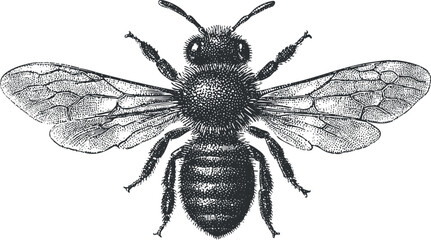 Detailed black and white vector illustration of a bee, showcasing intricate features for educational and design purposes
