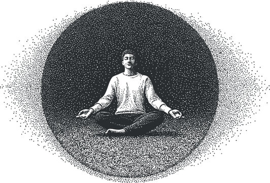 Stylish dotted vector illustration of a person meditating in a serene environment, perfect for wellness and mindfulness concepts