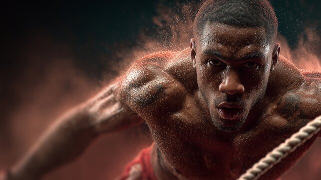 Muscular boxer training intensely, jumping rope with sweat dripping off his face. Focuses on discipline, fitness, and raw athletic power in a dark gym environment.