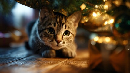 Adorable cat sitting comfortably under a decorated Christmas tree with glowing lights and ornaments. Captures a cute, cozy, and festive pet moment.