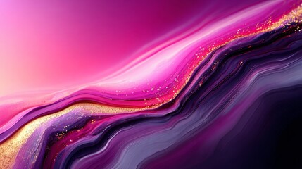 Abstract fluid art background featuring flowing waves and swirls of magenta, purple, and black with sparkling gold glitter accents.