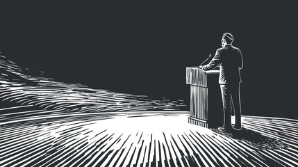 Minimalist vector illustration of a speaker at a podium delivering a speech, ideal for events and public speaking themes