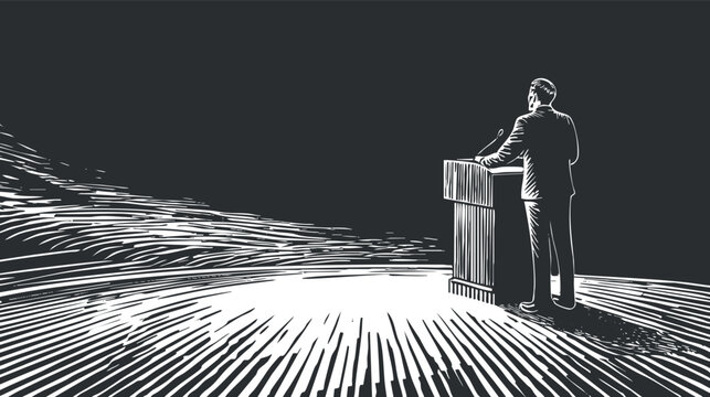 Minimalist vector illustration of a speaker at a podium delivering a speech, ideal for events and public speaking themes