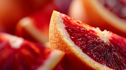 Extreme close-up of a freshly sliced blood orange segment, showing the deep crimson, juicy flesh and vibrant rind texture in high detail.