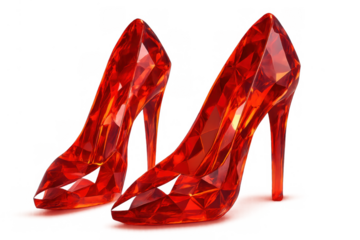 Pair of dazzling red crystal high heels with sharp geometric facets, representing luxury, fashion, and glamour, transparent background