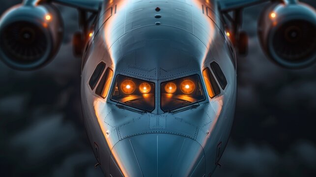 Close-up, front view of a commercial airplane cockpit nose, highlighting the glowing orange-lit windows and silver metallic fuselage.