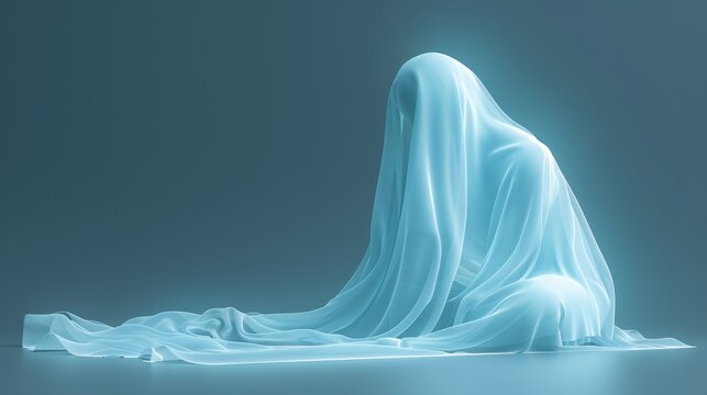 Ethereal 3D rendering of a lone, anonymous figure seated with head bowed, draped completely in a flowing, translucent, white-to-light-blue glowing ghostly veil or fabric.