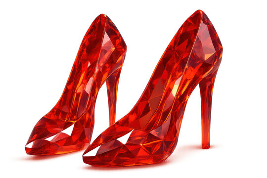Pair of dazzling red crystal high heels with sharp geometric facets, representing luxury, fashion, and glamour, transparent background