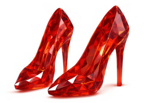 Pair of dazzling red crystal high heels with sharp geometric facets, representing luxury, fashion, and glamour, transparent background