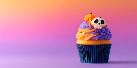 Ethereal Minimalist Confection: Captivating Cupcake with Enchanting Orange Skull Adornment