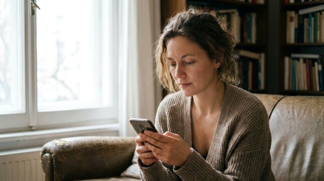 Young Woman Sitting Indoors Using Her Smartphone.