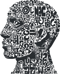 Abstract black and white vector illustration of a human profile filled with creative typography elements for artistic projects