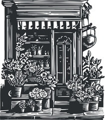 Fototapeta premium Vintage black and white vector illustration of a charming storefront filled with potted flowers and plants.