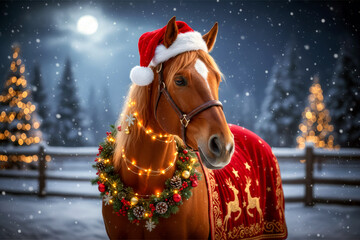Festive Horse in Santa Hat with Holiday Decorations.