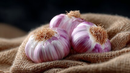 Three purple garlic bulbs with papery, peeling skin and fibrous roots, resting on a textured, rustic burlap sack against a dark background.