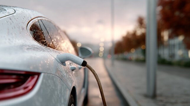 Close-up of a white electric vehicle charging port plugged in at an urban station on a wet, rainy day, emphasizing clean energy and future tech. - Powered by Adobe