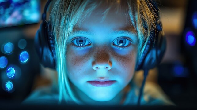 Intense close-up of a child wearing headphones, face illuminated by blue light from a screen, focused on gaming or digital media, highlighting technology and youth.