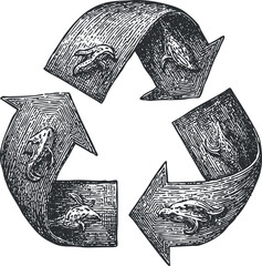 Hand-drawn vector illustration of a recycling symbol featuring arrows and fish, suitable for eco-friendly design projects.