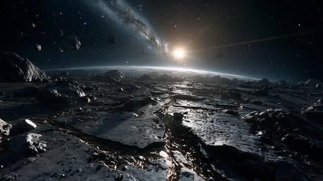 Lunar terrain exploration, Exploring icy moon terrain beneath starry