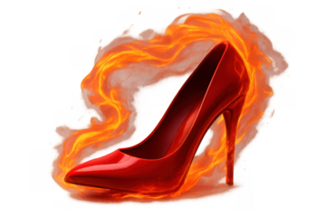 Red stiletto high heel shoe burning with vibrant flames, symbolizing hot passion, power, and fierce fashion style