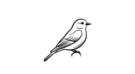 A simple black and white line drawing of a small bird perched on a branch.