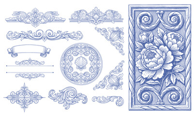 engraving illustration of victorian, rococo, baroque style elements. book cover, social media, t shirt design application