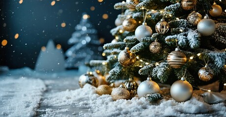 Festive evergreen decorated with ornaments. Snow covers ground, creating winter wonderland scene. Soft lights glow warmly.