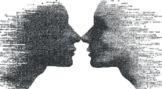 Abstract vector illustration of two faces created with binary code, representing digital communication and connection in technology.