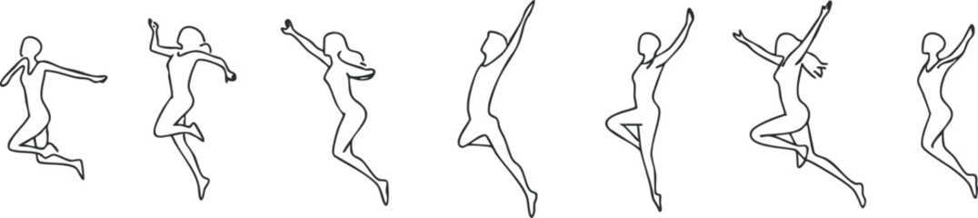 Fototapeta premium Stylized vector illustration of dynamic human figures in various jumping poses, suitable for fitness and dance concepts.