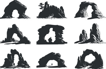 Silhouette vector icon set showcasing various rock formations and arches for nature and outdoor-themed projects