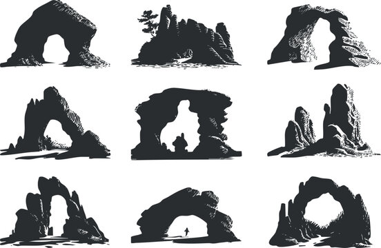 Silhouette vector icon set showcasing various rock formations and arches for nature and outdoor-themed projects