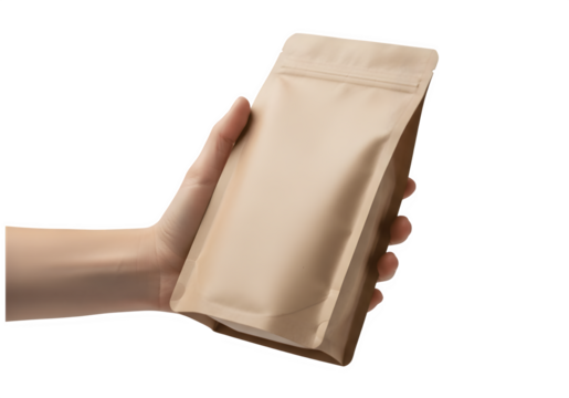 Hand Holding Blank Brown Kraft Paper Doypack Pouch Mockup Isolated on Transparent Background PNG