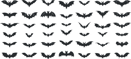 Fototapeta premium Collection of black silhouette vector illustrations of various bat designs, suitable for Halloween themes and graphic projects