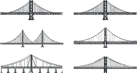 Fototapeta premium Set of minimalist black and white vector illustrations featuring various types of bridges for urban design and architecture projects