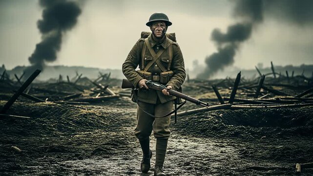 Combatant observes desolate war zone with determined gaze